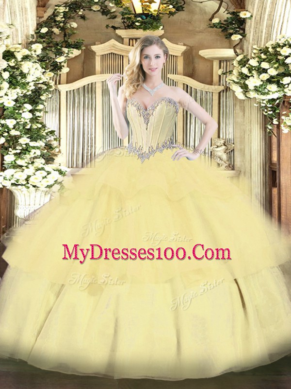 Attractive Gold Ball Gowns Sweetheart Sleeveless Tulle Floor Length Lace Up Beading and Ruffled Layers Vestidos de Quinceanera