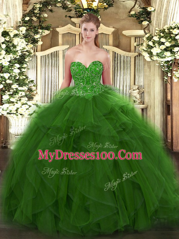 Inexpensive Green Tulle Lace Up Sweetheart Sleeveless Floor Length Quinceanera Gown Beading