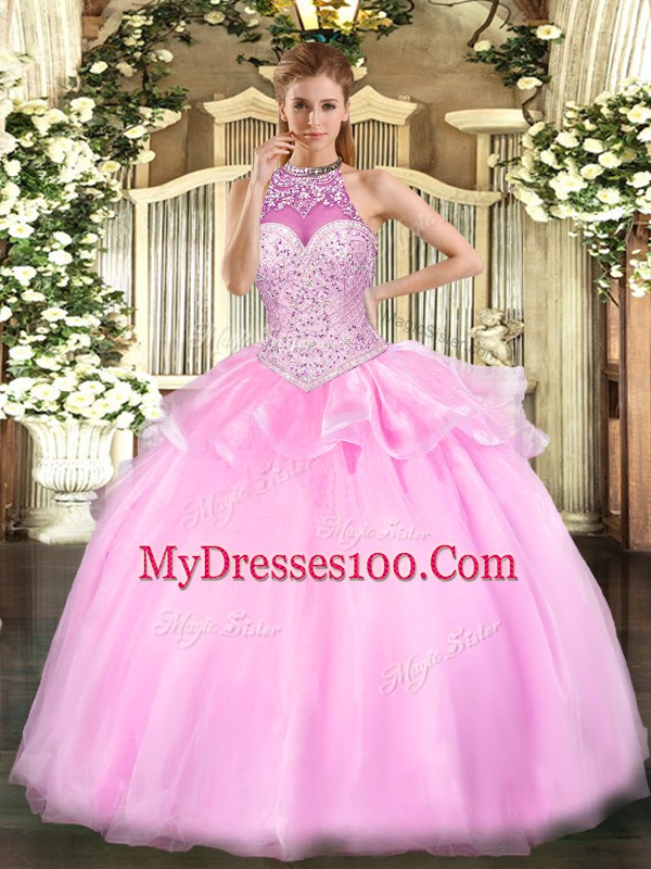 Sexy Floor Length Lace Up Quinceanera Dress Pink for Military Ball and Sweet 16 and Quinceanera with Beading