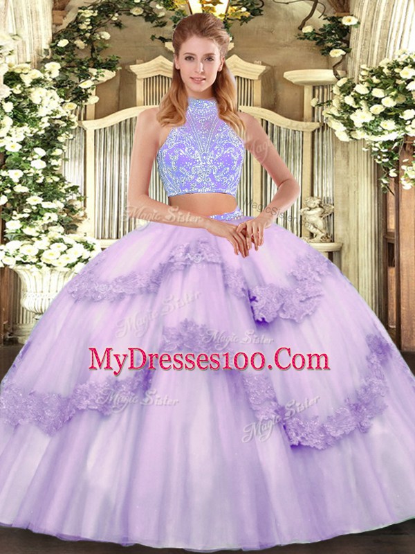 Nice Lavender Two Pieces Beading and Appliques and Ruffles Ball Gown Prom Dress Lace Up Tulle Sleeveless Floor Length