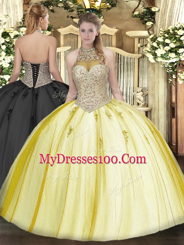 New Arrival Tulle Sleeveless Floor Length Quinceanera Dress and Beading and Appliques