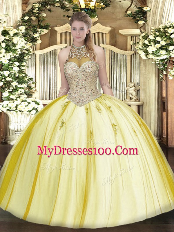 New Arrival Tulle Sleeveless Floor Length Quinceanera Dress and Beading and Appliques
