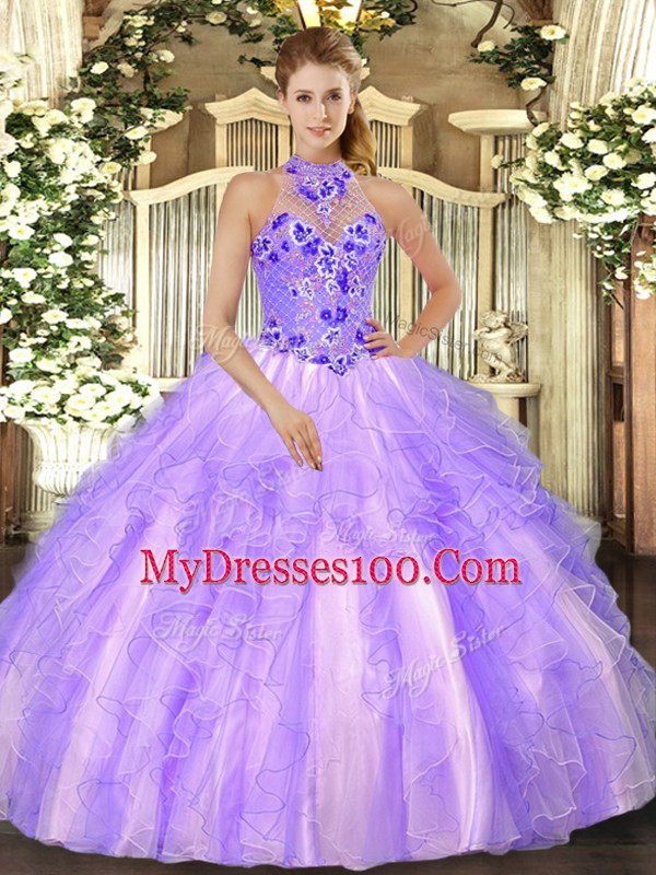 Customized Lavender Ball Gowns Organza Halter Top Sleeveless Beading and Ruffles Floor Length Lace Up Ball Gown Prom Dress