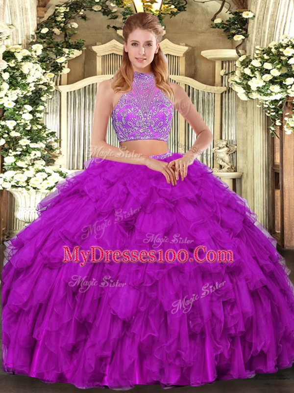 Discount Fuchsia Halter Top Neckline Beading and Ruffled Layers Sweet 16 Dresses Sleeveless Criss Cross