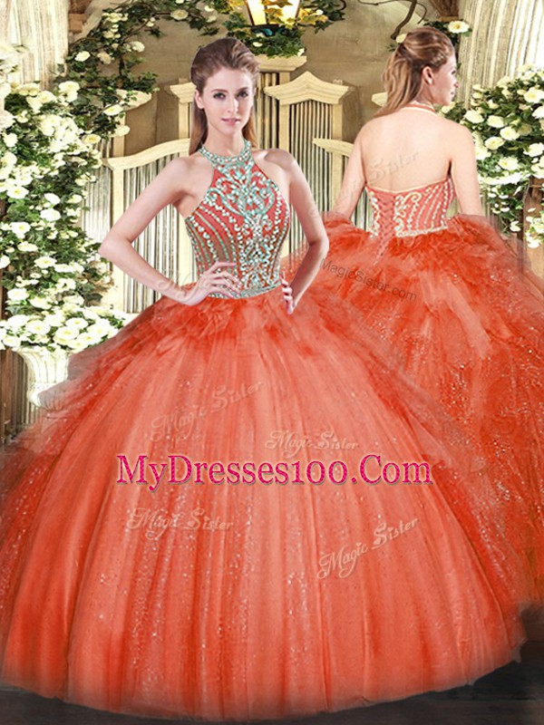 Red Halter Top Lace Up Beading and Ruffles Quinceanera Dresses Sleeveless