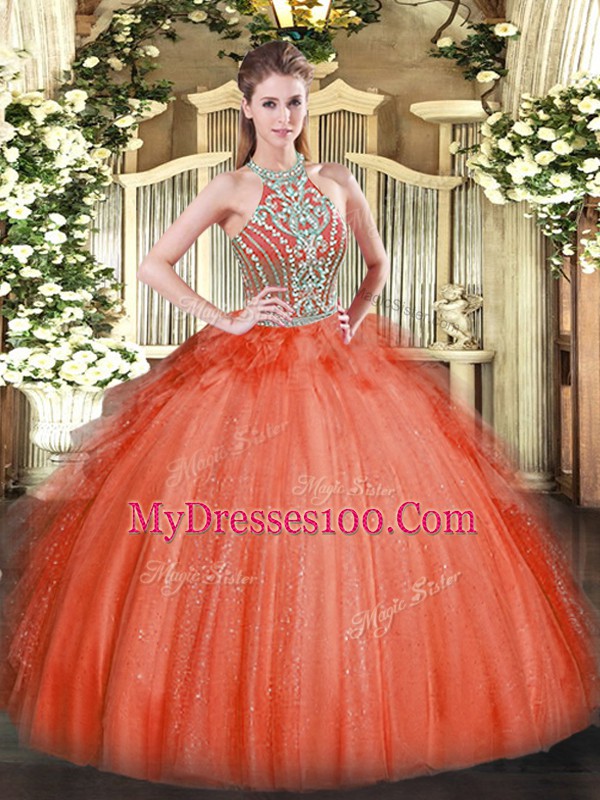 Red Halter Top Lace Up Beading and Ruffles Quinceanera Dresses Sleeveless