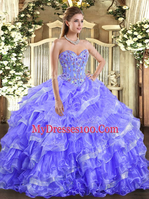 Hot Selling Lavender Ball Gowns Sweetheart Sleeveless Organza Floor Length Lace Up Embroidery and Ruffled Layers Quince Ball Gowns