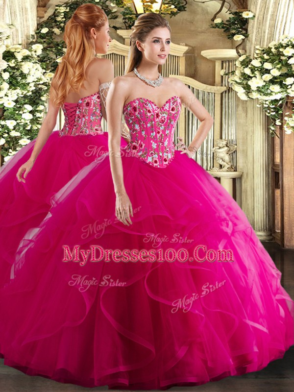 Gorgeous Organza Sweetheart Sleeveless Lace Up Embroidery and Ruffles 15 Quinceanera Dress in Fuchsia