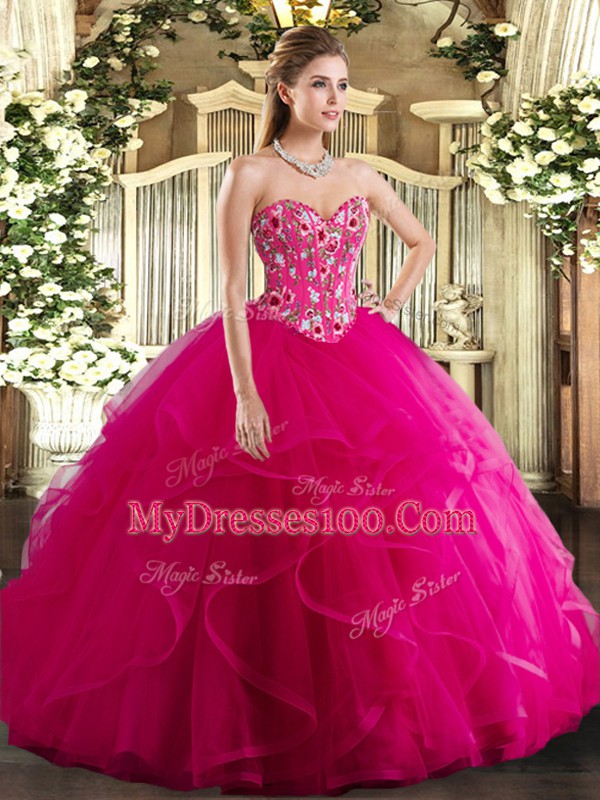 Gorgeous Organza Sweetheart Sleeveless Lace Up Embroidery and Ruffles 15 Quinceanera Dress in Fuchsia