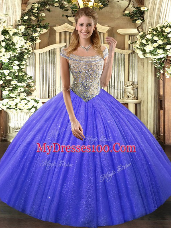 Discount Blue Tulle and Sequined Lace Up Sweet 16 Quinceanera Dress Sleeveless Floor Length Beading