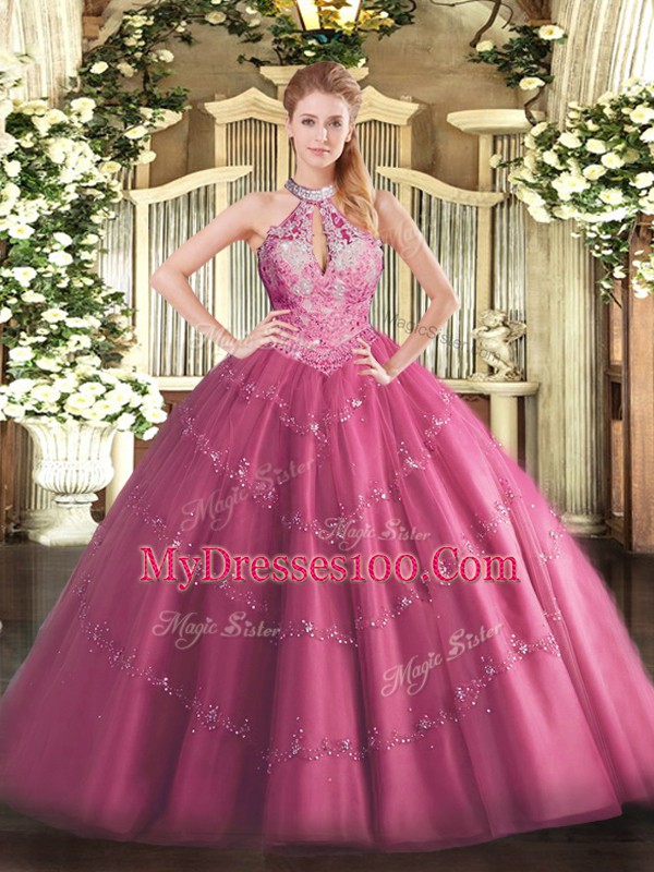 Modern Halter Top Sleeveless Lace Up Quinceanera Dress Hot Pink Tulle