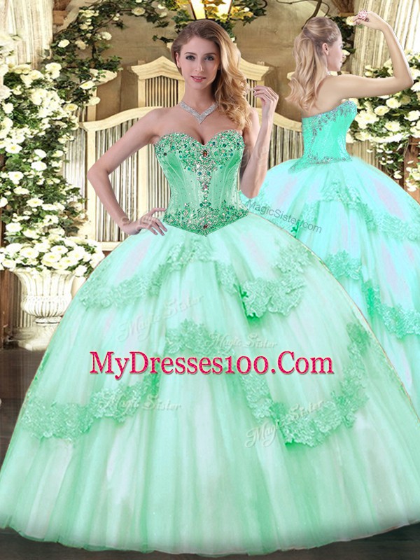 Best Sleeveless Lace Up Floor Length Beading and Appliques Quince Ball Gowns