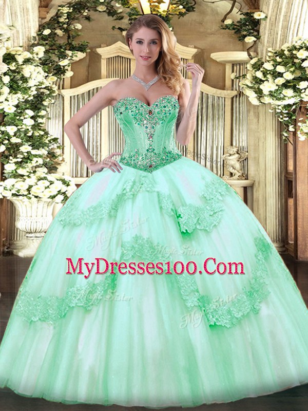 Best Sleeveless Lace Up Floor Length Beading and Appliques Quince Ball Gowns