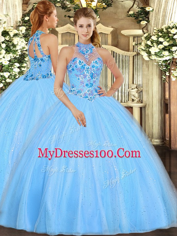Affordable Floor Length Ball Gowns Sleeveless Baby Blue Quinceanera Gown Lace Up