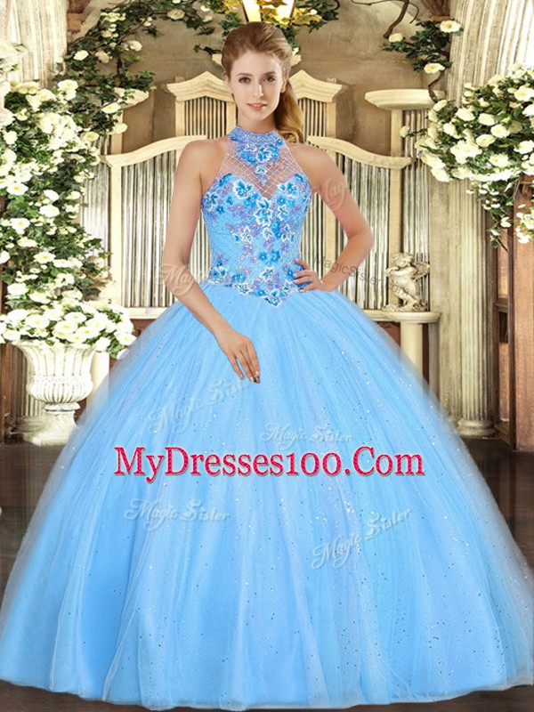 Affordable Floor Length Ball Gowns Sleeveless Baby Blue Quinceanera Gown Lace Up