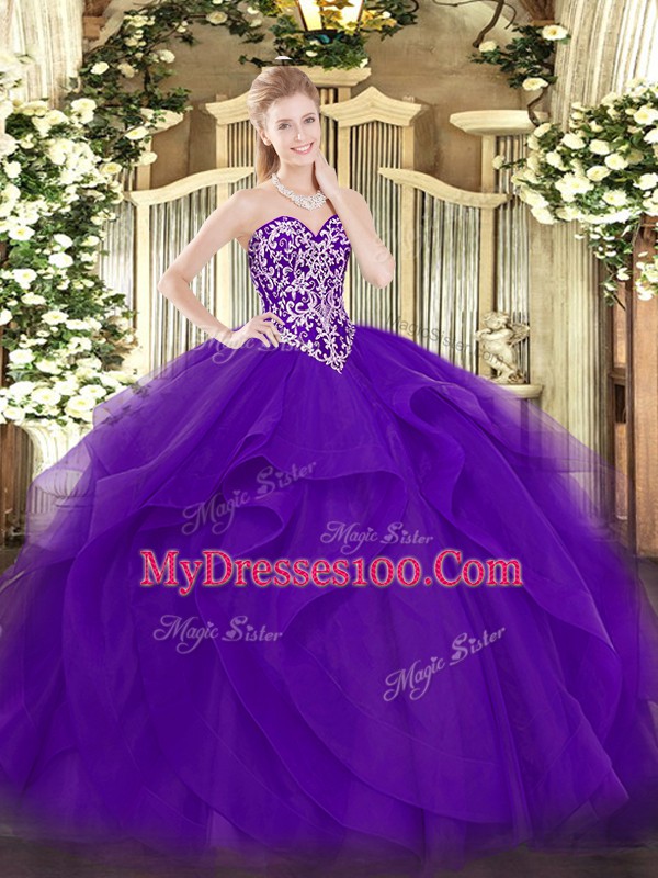 Sumptuous Sweetheart Sleeveless Lace Up Quince Ball Gowns Purple Tulle