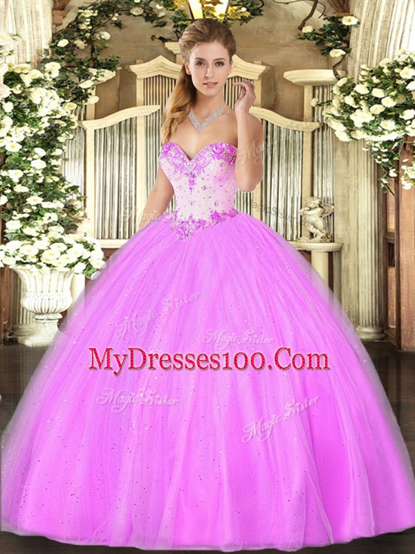 Lilac Tulle Lace Up Sweetheart Sleeveless Floor Length Quince Ball Gowns Beading