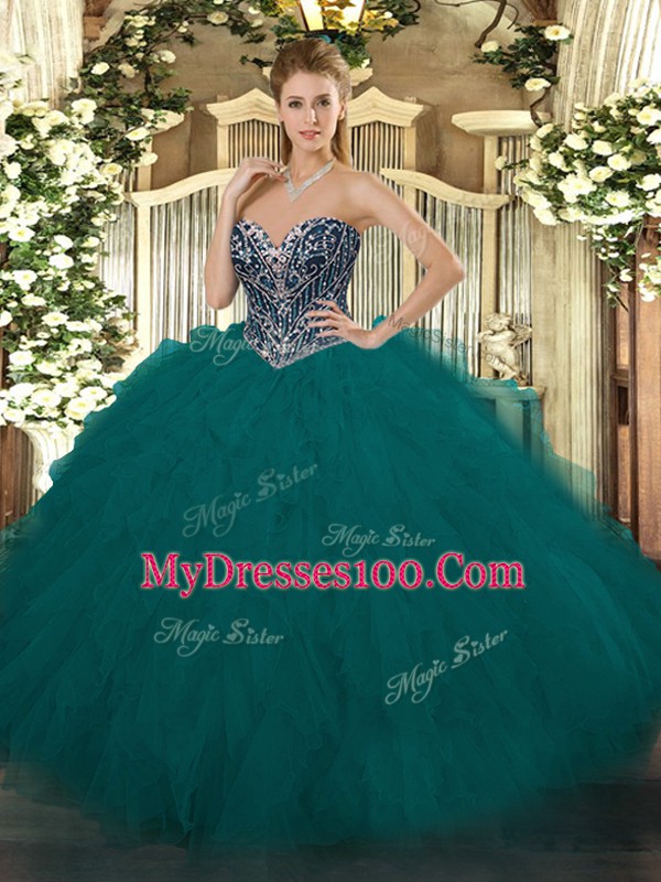 Sweetheart Sleeveless Tulle Ball Gown Prom Dress Beading and Ruffles Lace Up