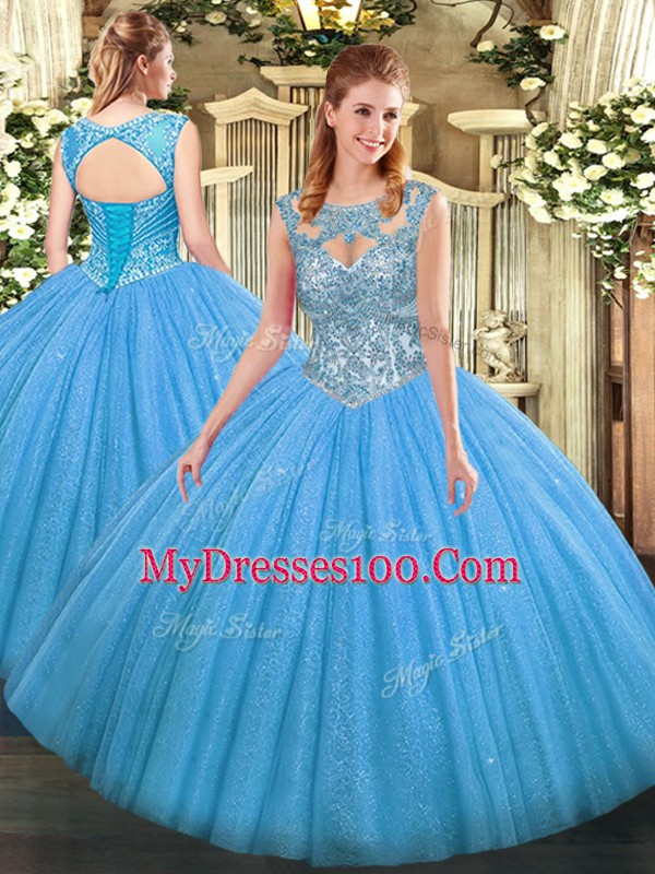 Modest Baby Blue Sleeveless Tulle Lace Up 15th Birthday Dress for Military Ball and Sweet 16 and Quinceanera