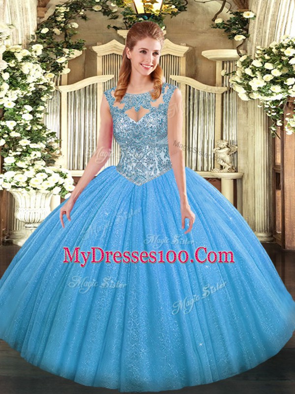 Modest Baby Blue Sleeveless Tulle Lace Up 15th Birthday Dress for Military Ball and Sweet 16 and Quinceanera