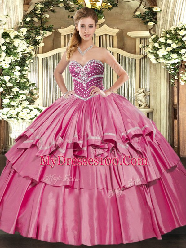Best Floor Length Lace Up Quinceanera Dresses Hot Pink for Military Ball and Sweet 16 and Quinceanera with Beading and Ruffled Layers