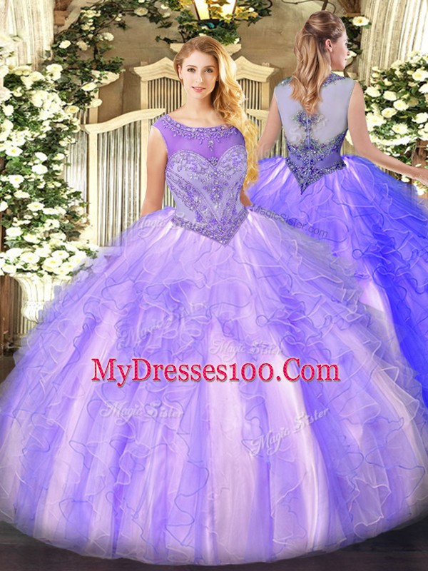 Hot Sale Floor Length Lavender Quince Ball Gowns Organza Sleeveless Beading and Ruffles