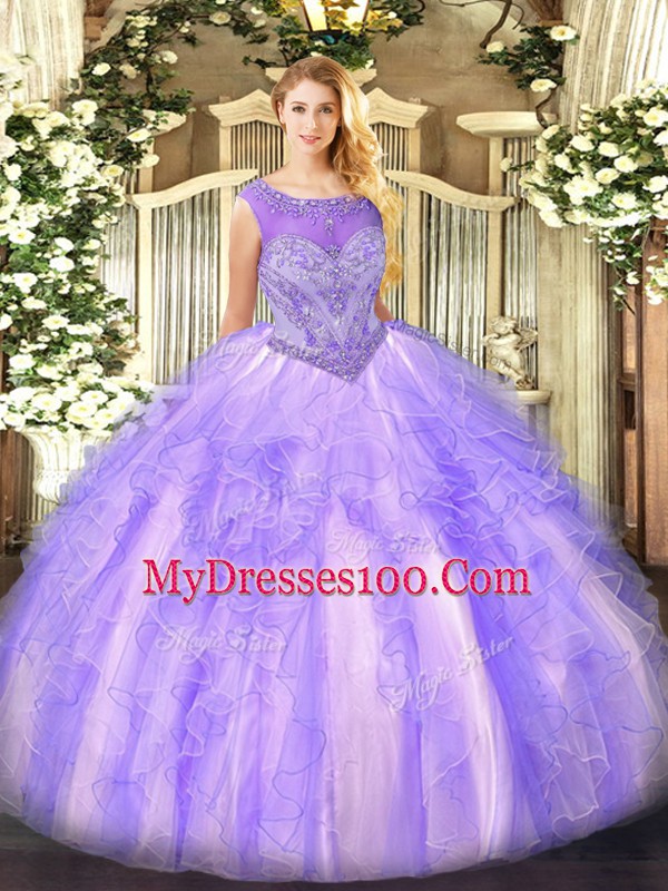 Hot Sale Floor Length Lavender Quince Ball Gowns Organza Sleeveless Beading and Ruffles