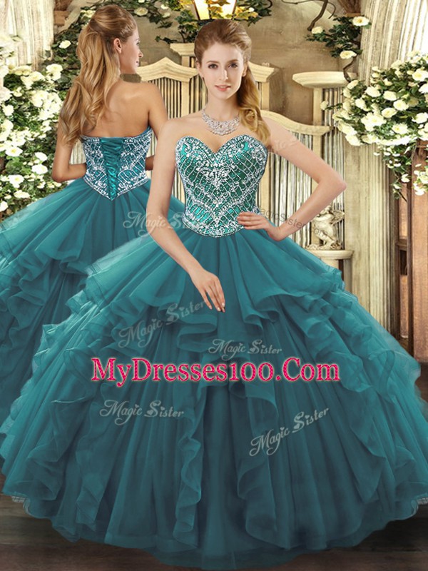 Turquoise Sleeveless Floor Length Beading and Ruffles Lace Up Quinceanera Gowns