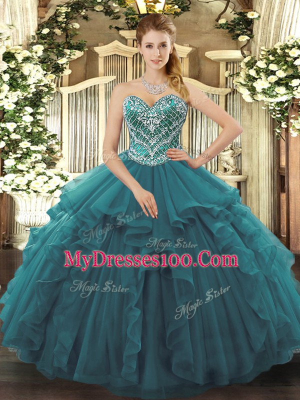 Turquoise Sleeveless Floor Length Beading and Ruffles Lace Up Quinceanera Gowns