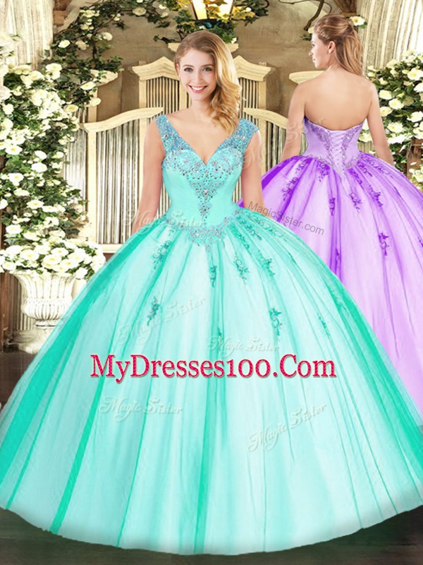 Stylish Floor Length Turquoise 15th Birthday Dress Organza and Tulle Sleeveless Beading