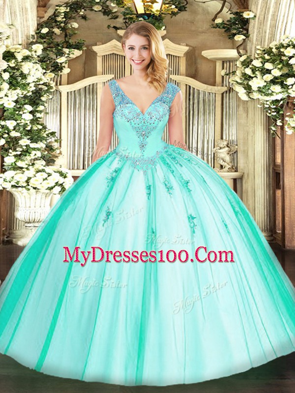 Stylish Floor Length Turquoise 15th Birthday Dress Organza and Tulle Sleeveless Beading