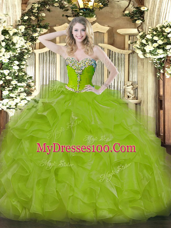 Attractive Organza Sweetheart Sleeveless Lace Up Beading and Ruffles Quinceanera Gown in Olive Green