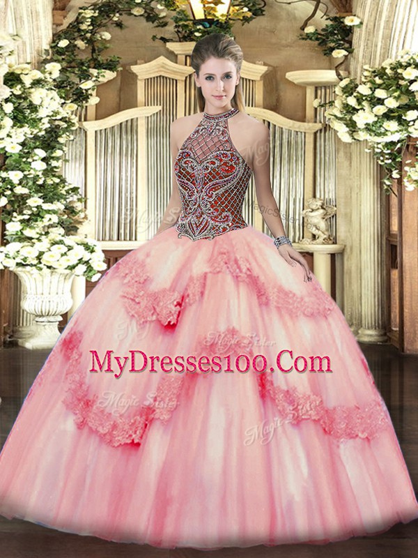 Pink Ball Gowns Halter Top Sleeveless Tulle Floor Length Lace Up Beading and Appliques Quinceanera Dresses