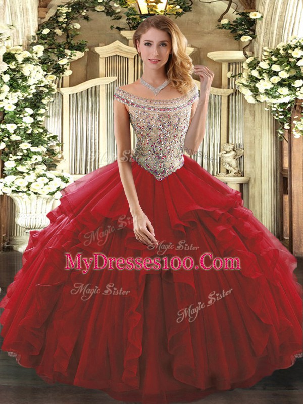 Floor Length Lace Up Ball Gown Prom Dress Wine Red for Sweet 16 and Quinceanera with Beading and Ruffles