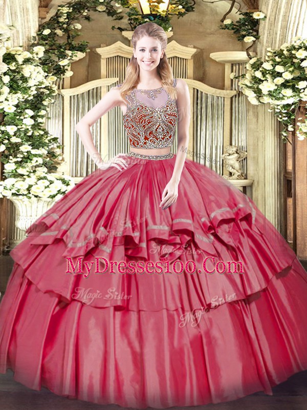 Floor Length Coral Red Ball Gown Prom Dress Scoop Sleeveless Lace Up