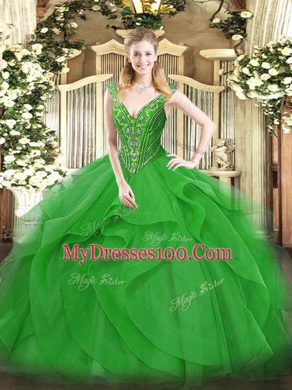 Exquisite Green Sleeveless Beading and Ruffles Floor Length Quinceanera Gown