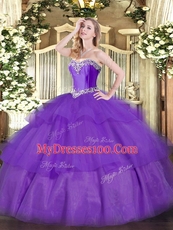 Deluxe Sweetheart Sleeveless 15th Birthday Dress Floor Length Beading and Ruffled Layers Lavender Tulle