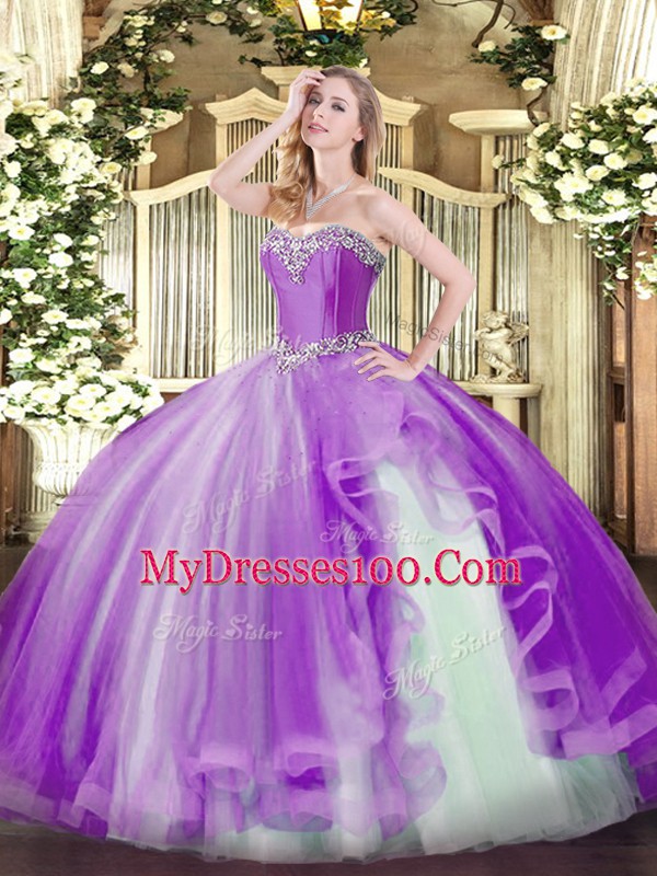 Sleeveless Beading and Ruffles Lace Up Quince Ball Gowns
