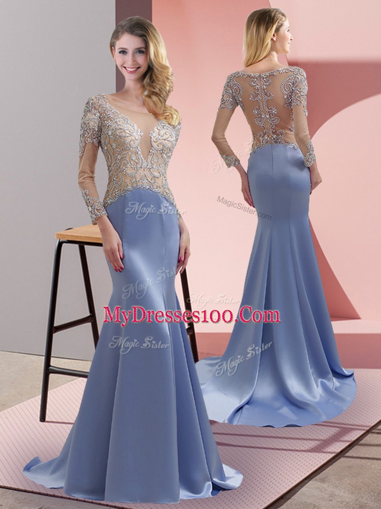 3 4 Length Sleeve Elastic Woven Satin Brush Train Zipper Evening Dress in Lavender with Beading