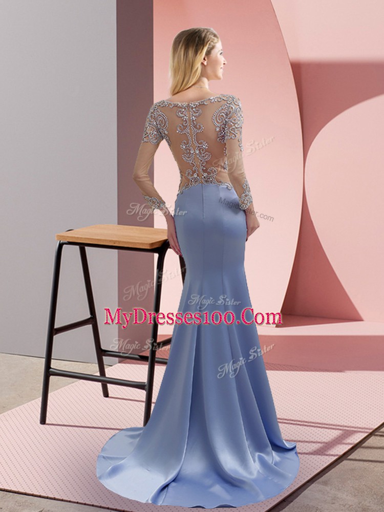 3 4 Length Sleeve Elastic Woven Satin Brush Train Zipper Evening Dress in Lavender with Beading