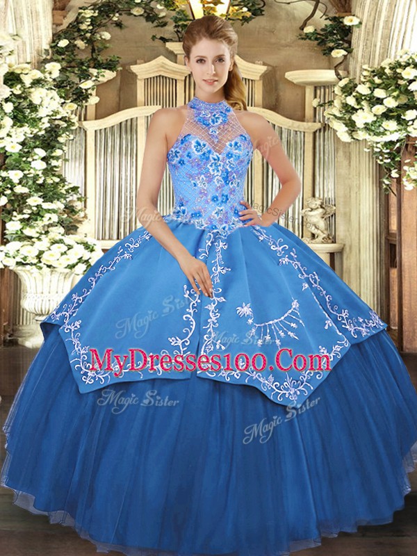 Halter Top Sleeveless Sweet 16 Quinceanera Dress Floor Length Beading and Embroidery Teal Satin and Tulle