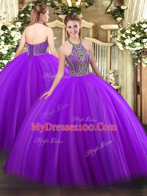Glamorous Purple Halter Top Lace Up Beading 15 Quinceanera Dress Sleeveless