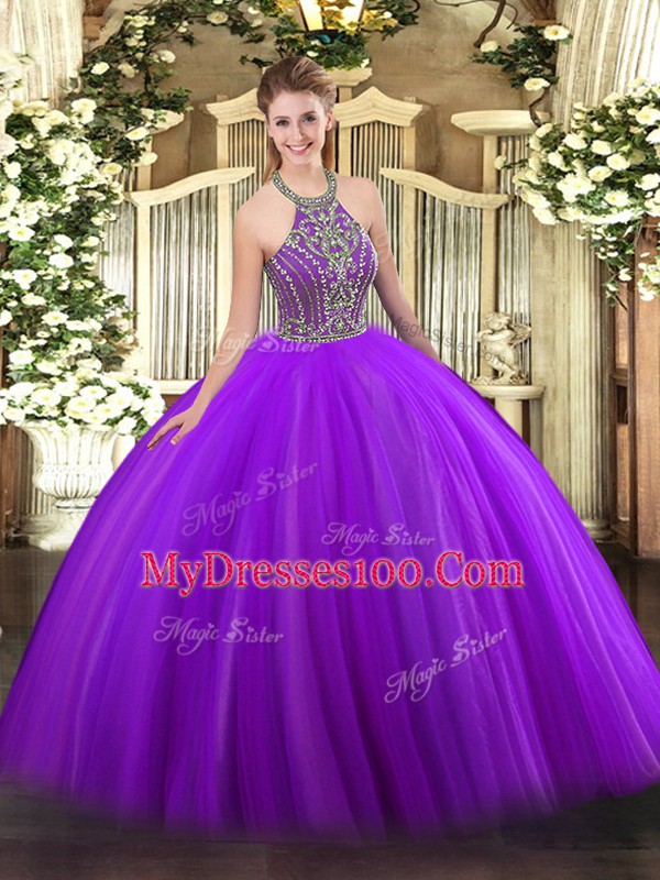 Glamorous Purple Halter Top Lace Up Beading 15 Quinceanera Dress Sleeveless