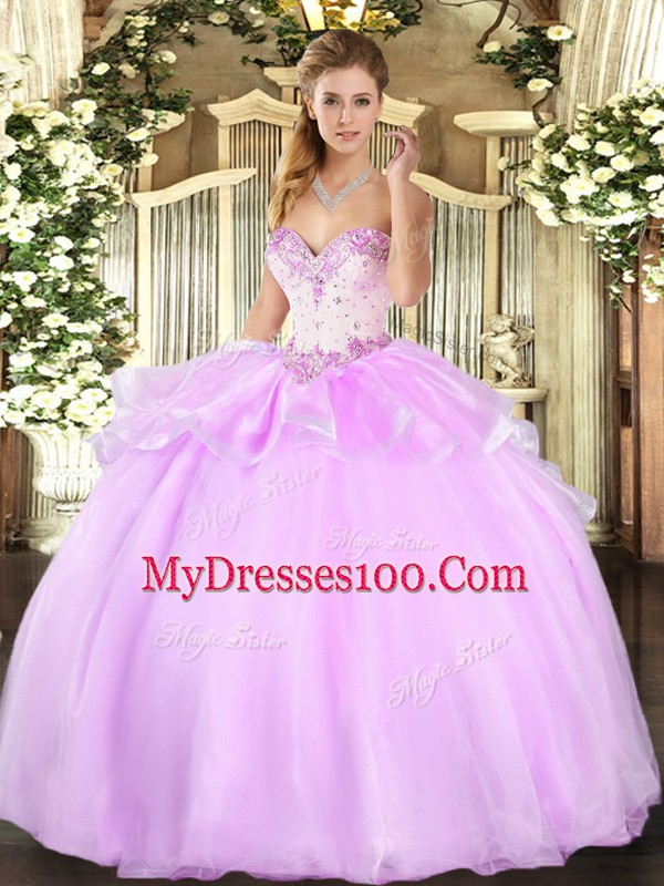 Organza Sweetheart Sleeveless Lace Up Beading Sweet 16 Dress in Lilac
