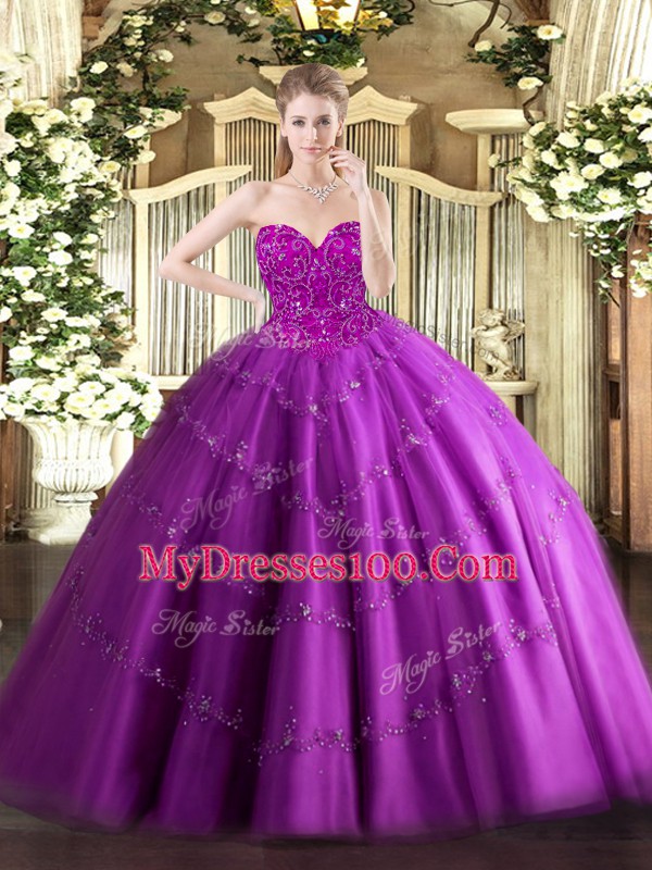 Hot Selling Floor Length Lace Up Sweet 16 Dresses Fuchsia for Military Ball and Sweet 16 and Quinceanera with Beading