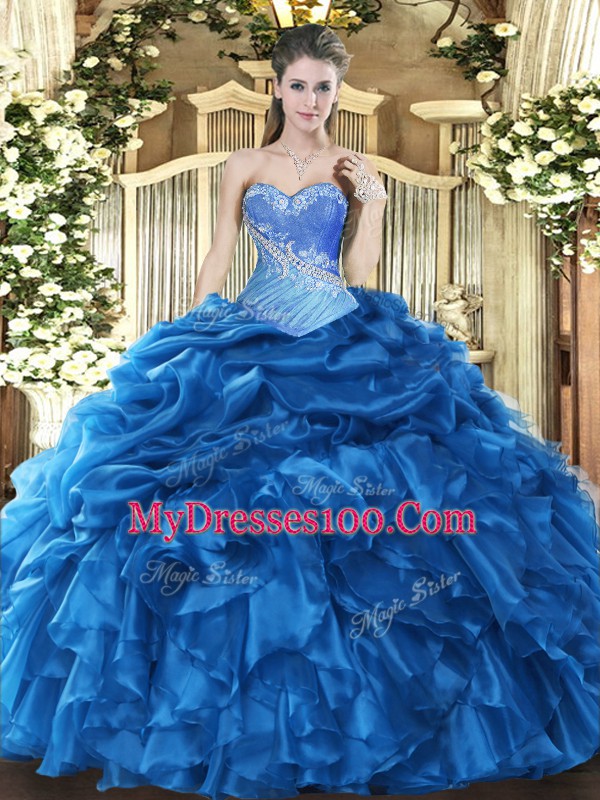 Blue Ball Gowns Sweetheart Sleeveless Organza Floor Length Lace Up Beading and Ruffles and Pick Ups Sweet 16 Dress