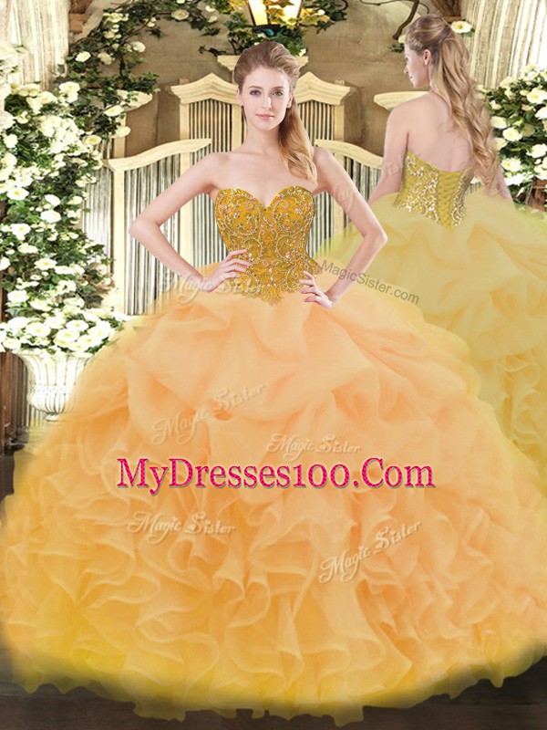 Gold Ball Gowns Sweetheart Sleeveless Organza Floor Length Lace Up Beading and Ruffles Vestidos de Quinceanera