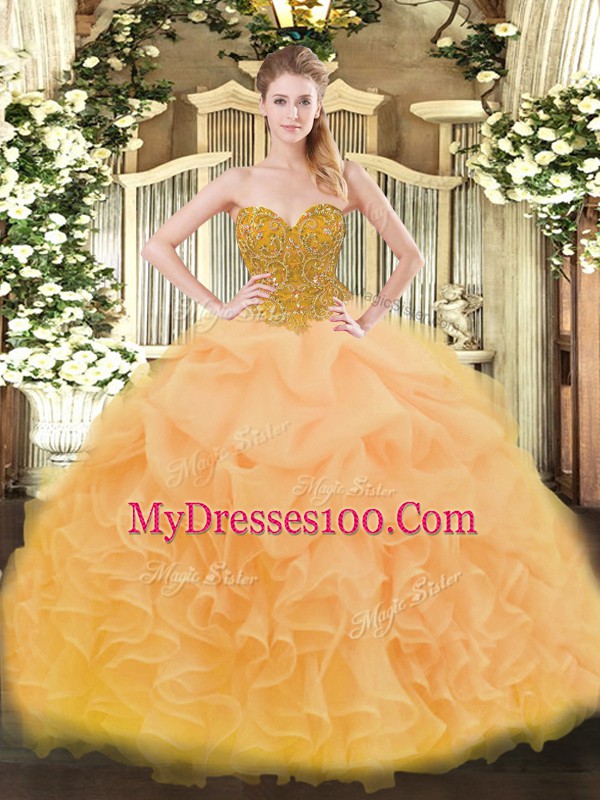Gold Ball Gowns Sweetheart Sleeveless Organza Floor Length Lace Up Beading and Ruffles Vestidos de Quinceanera