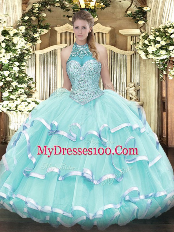 Floor Length Lace Up Sweet 16 Quinceanera Dress Apple Green for Military Ball and Sweet 16 and Quinceanera with Beading and Ruffled Layers