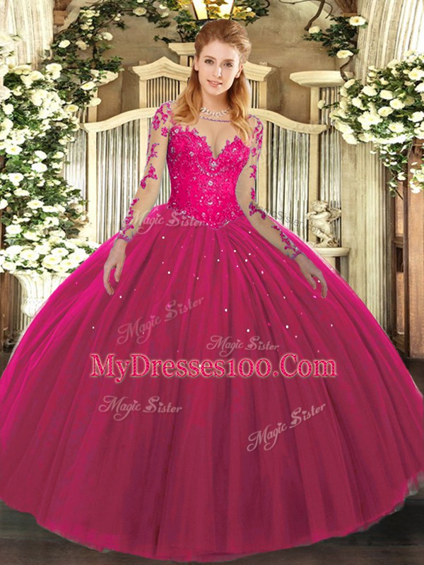 Hot Pink Ball Gowns Lace Sweet 16 Dress Lace Up Tulle Long Sleeves Floor Length